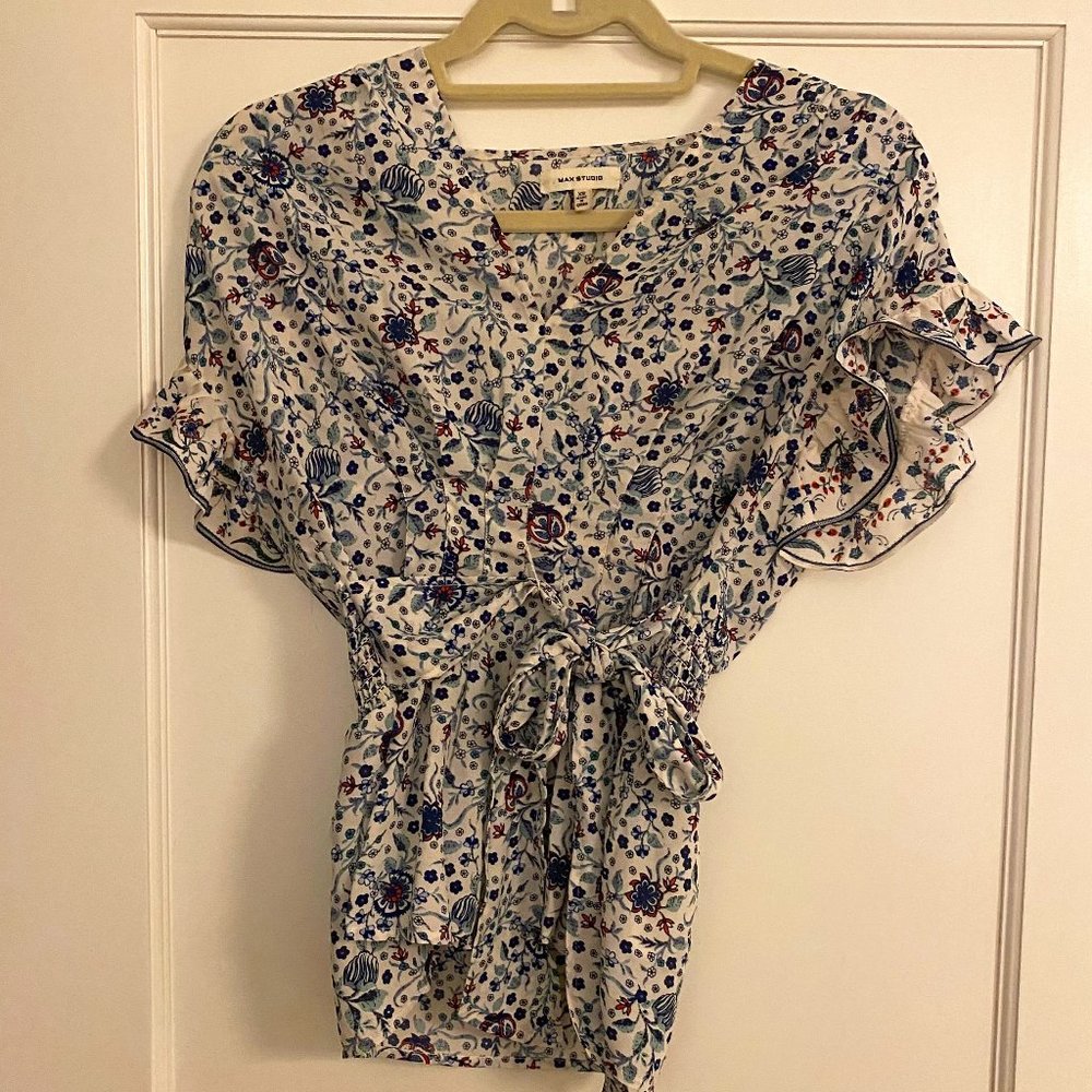Max Studio, XS, Blue floral faux wrap blouse